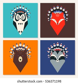 Set of cute cards with animals with feathers