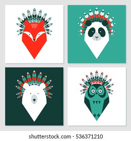 Set of cute cards with animals with feathers