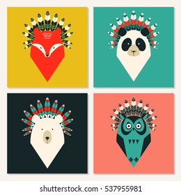 Set of cute cards with animals with feathers