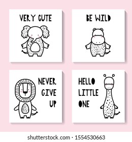 A set of cute cards with animals. Giraffe, elephant, hippo, lion. Scandinavian style. Suitable for postcards, posters, printing, children's room. Creative vector childish background for fabric