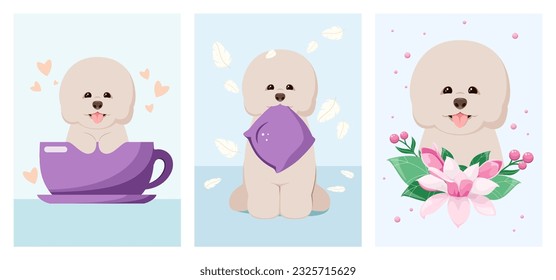 A set of cute cards with bichon frise. A cartoon-style dog.