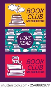 Set of cute cards for book club or book shop, vector illustration