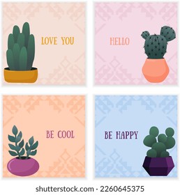 Set of cute cards with cacti in pots