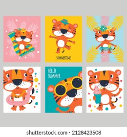 Set of cute cards with cartoon tigers characters go on vacation.