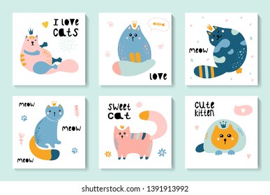 A set of cute cards with cats. Multi-colored cats with inscriptions. Childish print for nursery, kids apparel,poster, postcard. Vector Illustration.
