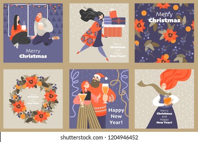 Set of cute cards for Christmas and New Year with funny characters in cartoon style