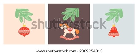 Set of cute cards with Christmas tree toys in shape of glass red retro ball, icicle, wooden rocking horse on fir branches in simple geometric cartoon style.