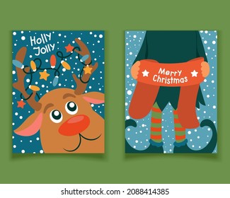 A set of cute cards with a deer and an elf who wish you a merry christmas