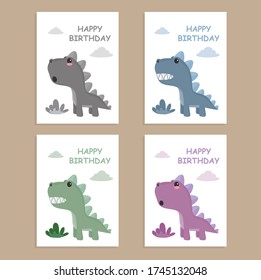 Set of cute cards with dinosaurs. Happy birthday greeting card on a white background. Hand drawing.Vector illustration.