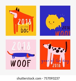 Set of cute cards with Dogs for a new 2018 year. Fun celebration design. Year of the Dog four greeting cards.