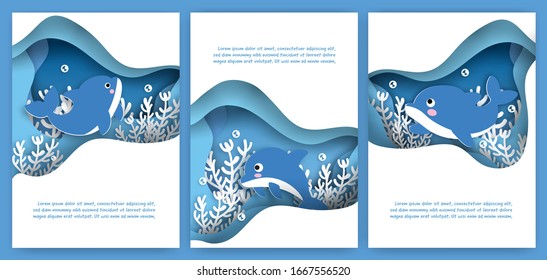 set of cute cards with dolphins swimming underwater in paper cut style .