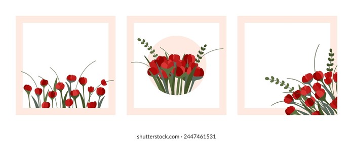 Set of Cute Cards with Flowers. Cute cards and posters for the spring holiday. Women's Day March 8, Mother's Day, Birthday. Red flowers. Design template for banner, poster, cover, social media