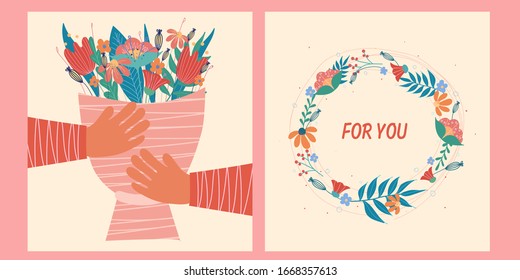 Set of cute cards with flowers. Vector illustration.