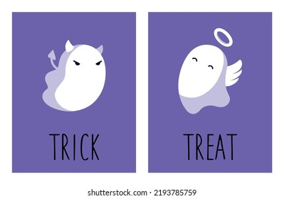 Set of cute cards with ghosts for Halloween party. Cute ghosts in devil and angel costumes. The inscription on the card "trick or treat". For greeting  cards, invitations, tags, party decoration