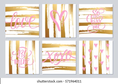 Set of cute cards with hand drawn elements and lettering text design with gold colored brush stroke background for romantic greetings and invitations. Vector illustration.