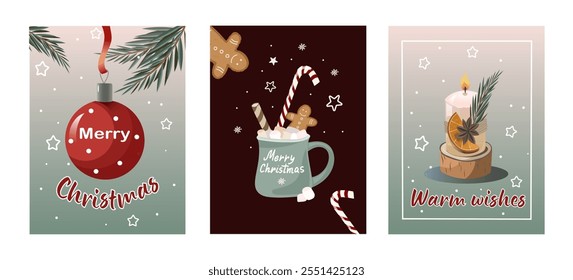 Um conjunto de cartões bonitos ou cartazes de férias com letras Feliz Natal, desejos quentes. Vetor com vela de Natal decorado com laranja seca e cardamomo, caneca de cacau quente com marshmallows, brinquedo.