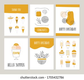 Set of cute cards with ice cream illustration. Abstract contemporary design. Happy birthday, thank you, congrats. Vector.