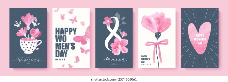 Set of cute cards for International Women's Day on March 8. Collection of cards with hand drawn design elements. Watercolor flower with bow, number 8 with flowers, butterflies, cup with flowers and