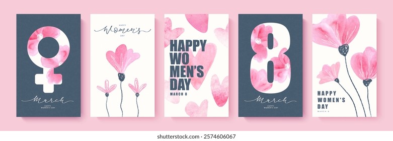 Set of cute cards for International Women's Day, March 8. Collection of cards with hand drawn design elements. Watercolor flowers, hearts, number 8 with flowers, female symbol. Vector illustration.