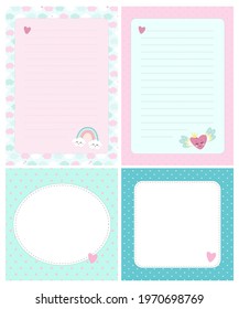 Set of cute cards, letters, blanks, pages for notes in childish style in unicorn theme. Vector template suitable for to do list, card, party invitation and cute letter for postcrossing. 

