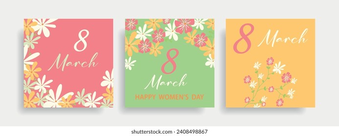 Eine Reihe süßer Karten für den 8. März mit Gänseblümchen. Vektorgrafik.