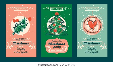 Set of cute cards for merry chirstmas and happy new year, sketch style vector illustration