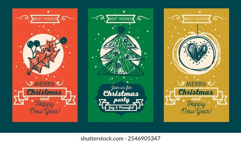 Set of cute cards for merry chirstmas and happy new year, sketch style vector illustration