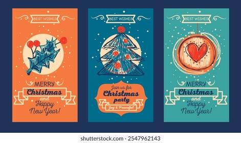 Set of cute cards for merry chirstmas and happy new year, sketch style vector illustration