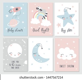 Set cute cards with moon, clouds, racoonns, stars and phrases. Can be use for typography posters, cards, flyers, banners, baby wears. Vector illustration