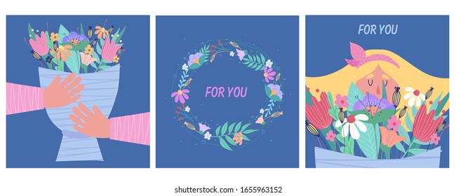 
Set of cute cards on a blue background with flowers. Vector illustration.