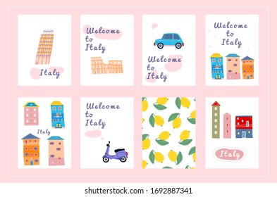 Set of cute cards on the theme of Italy. Hand drawn illustration. Vector design for travel, tourism and souvenir cards.