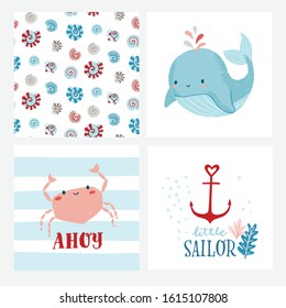 Set of cute cards or posters for nursery, kids room including whale, crab, shell pattern, anchor, phrases ahoy, little sailor. Ocean, marine, nautical themed birthday party, baby shower. 