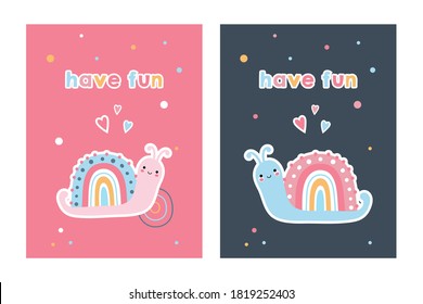 Set of cute cards and posters with rainbow snails. Vector illustration for kids. Printing on posters, postcards, clothing.