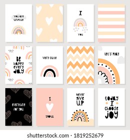 A set of cute cards and posters with rainbow. Vector illustration for kids. Printing on posters, postcards, clothing.