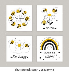 Juego de tarjetas bonitas. Arcoiris, abeja y flor. Afiches para la sala de guardería, tarjetas de felicitación, contenido en medios sociales, niños y ropa de bebé. Ilustración vectorial aislada.