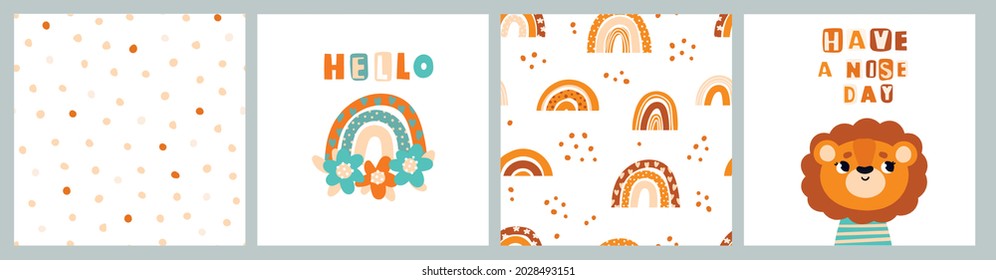 A set of cute cards with rainbows and a lion. Seamless pattern and poster for the children's room