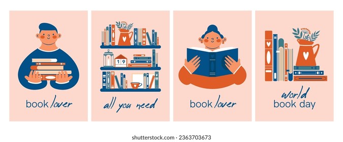 Set of cute cards with reading persons, book shelf, stack of books, jug, plants, cup. Illustrations with girl, who holding open book, boy holding stack of books. World book day concept. Flat Design.