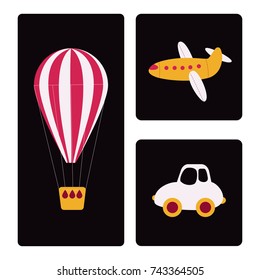 Set of cute cards with retro car, airplane and hot ballon. Vector illustration.