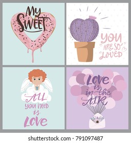 Set of cute cards with romantic style for Valentine's Day, Save the date, wedding day, love you card. Editable vector illustration
