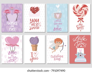 Set of cute cards with romantic style for Valentine's Day, Save the date, wedding day, love you card. Editable vector illustration
