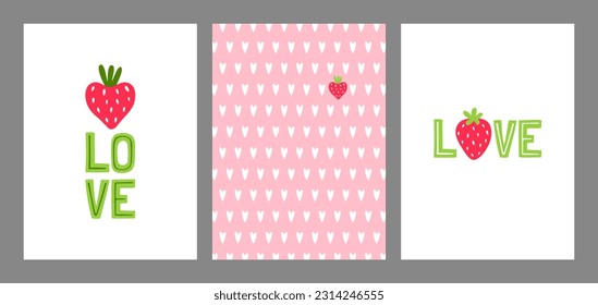 A set of cute cards with strawberries and text. Vector template.