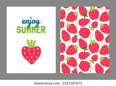 A set of cute cards with strawberries and text. Vector template.