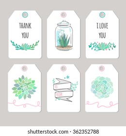 set of cute cards with succulents, vector thank you cards