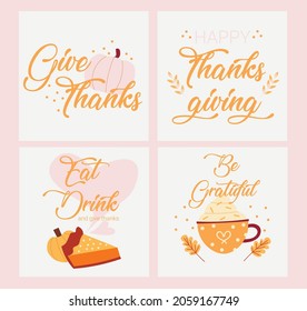 A set of cute cards for Thanksgiving Day.  Labels, lettering or greeting card design. Suitable for banners, flyers, posters, etc. Vector illustration.