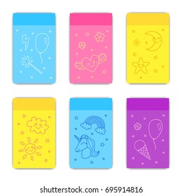 Set of cute cards with unicorn, rainbow, balloon, weather smiley icons. Can be used for invitations, cards, posters, flayers, brochures, etc.