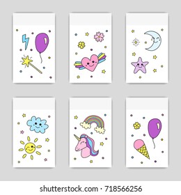 Set of cute cards with unicorn, rainbow, balloon, weather smiley icons. Can be used for invitations, cards, posters, flayers, brochures, etc.