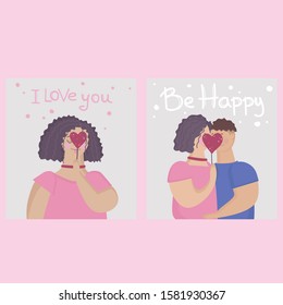 Set of cute cards for Valentine's Day. Loving couple.Vector illustration.