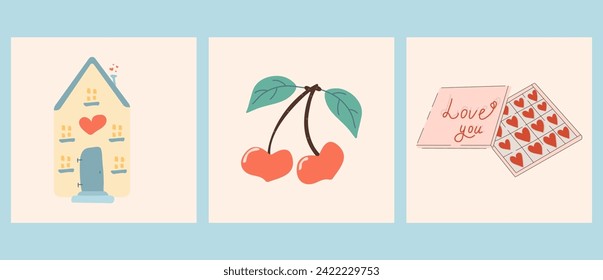 A set of cute cards for Valentine's Day. Banner for the site. Valentine's Day. Trendy and minimalistic posters with inscriptions and drawn illustrations about Valentine's Day, holiday, celebration. 