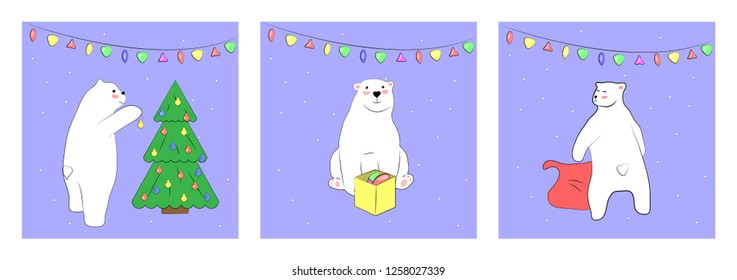 Set of cute cards with white bears. They decorate the Christmas tree, look for and open gifts