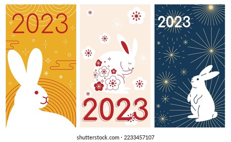 Set of cute cards with white rabbit in Asian style. Hand drawn cartoon  hare illustration. Chinese New Year symbol 2023. Traditional money envelope template